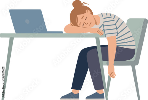 Woman falls asleep at desk with laptop on table in front.