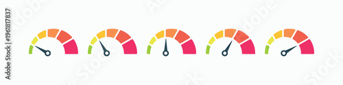 Five colorful progress indicators show gradual growth. Each gauge features a smooth, vibrant gradient arc. Arrows shift position, signifying increasing values. Ideal for visualizing growth, progress
