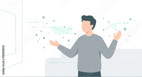 Man standing in room with hands up surrounded by particles and lines