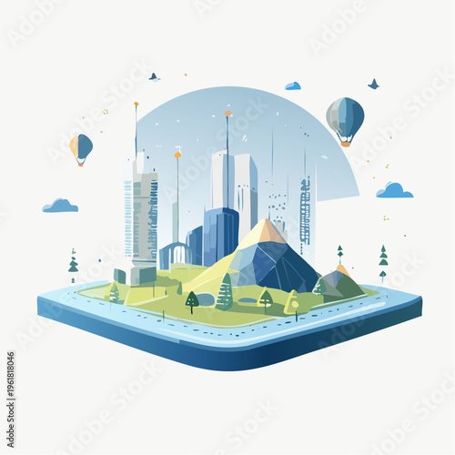 Abstract cityscape illustration featuring modern architecture, parks, and hot air balloons