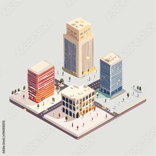 Modern Urban Development Concept Isometric View of a Bustling City Block with Diverse Architecture