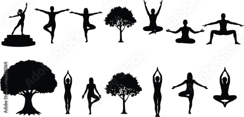 Black yoga silhouettes collection featuring tree pose, meditation, stretching, and nature elements for wellness, mindfulness, health, and holistic lifestyle designs.