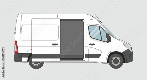 An illustration of a white van with a gray sliding door mockup on a plain background, showcasing a car.