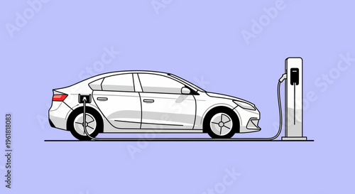 Electric car charges at station with a mockup car design nearby