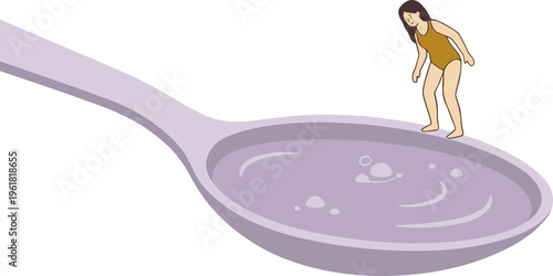 A woman stands on a large spoon filled with liquid.