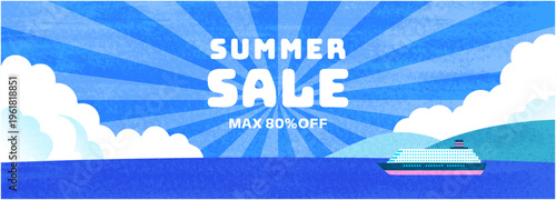 青空と海とクルーズ船を描いたサマーセールバナー 放射状の光が広がる夏の販促背景デザイン