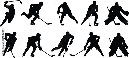 Ice hockey silhouettes in action poses, skating, shooting, defending, goaltending, dynamic sports illustration, professional players, competitive game, athletic movement