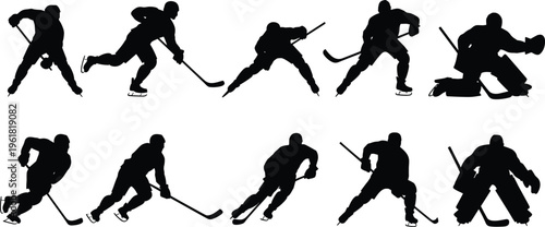 Ice hockey silhouettes in dynamic poses, skating, shooting, passing, defending, goaltending, professional players, competitive sport illustration, athletic movement, team action