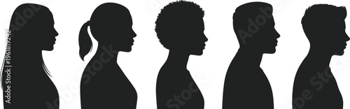 Human profile silhouettes with diverse hairstyles, side view vector illustration, individuality concept, diversity design, people outline art, identity representation