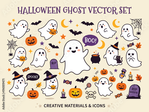 Cute Halloween ghost vector set with pumpkins, bats, spiderwebs, and other spooky elements for festive designs and decorations.