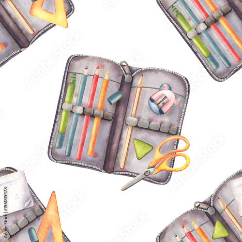 Konstfotografi Seamless pattern, open pencil cases with school supplies