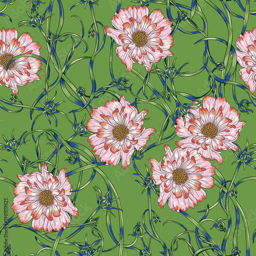 Seamless floral pattern with pink dahlias on green background.