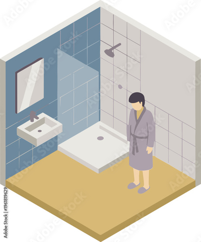 Person in bathrobe standing in bathroom with shower and sink