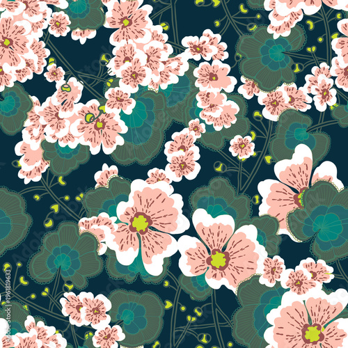 Seamless floral pattern with pink petunias on a dark blue background.