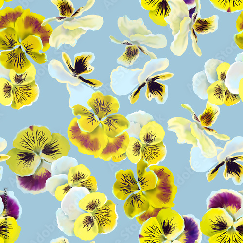 Seamless floral pattern with yellow pansies on light blue background.