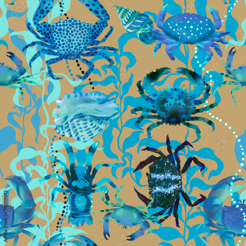 Seamless marine pattern with blue crabs underwater.