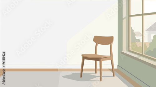 A wooden chair sits alone in a room with a large window showing a suburban view outside.