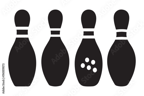 Bowling pin vector icons set, black silhouette bowling pins collection, minimalist sports equipment graphics for competition and leisure