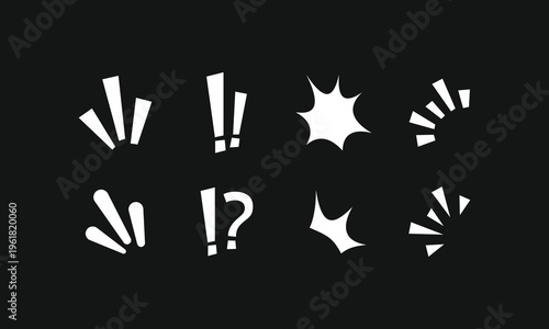 White icons flash against a dark gray background. Sharp lines burst outward in energetic bursts. Exclamation marks and question marks convey surprise or doubt