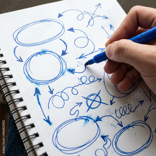 A student's hand doodling a circle and oval frames with marker pen arrows in a notebook copy