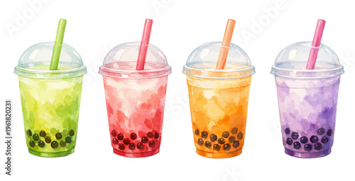Watercolor bubble tea collection illustration with colorful boba drinks in takeaway cups isolated on white background.