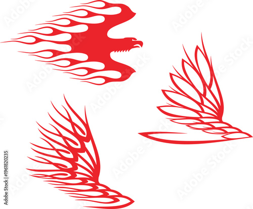 Vector flaming eagle, wings for vehicle vinyl decals, clothing stickers, mascots, vintage labels, T-shirt designs. Ready-to-cut fiery wings decals for race and hot rod vehicles, trucks, motors, bikes.
