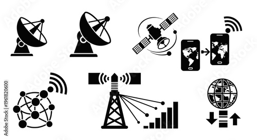 Illustration of various telecommunications and technology icons showing signal transmission and reception.
