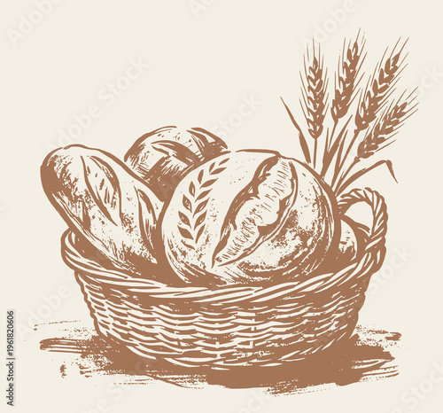 Sourdough bread basket vector illustration drawing, vintage rustic hand-drawn sketch style artisan bakery loaves with wheat stalks in wicker basket, woodcut engraving style, organic food grain graphic