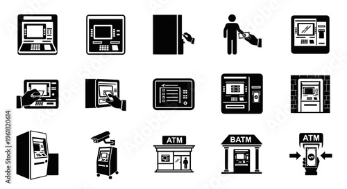 An illustration of various bank machines and people performing transactions.