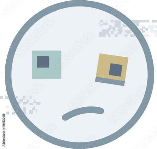 A melancholic face with mismatched eyes is displayed in a circular frame.