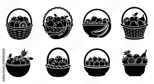 An illustration depicts various baskets filled with abundant fresh fruits.