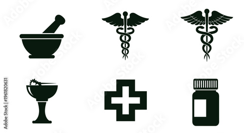 Medical symbols and icons including mortar, pestle, and health symbols are displayed.
