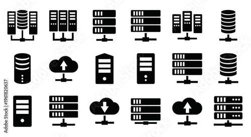 A collection of various computer servers and data storage icons are shown.