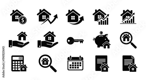 The collection of real estate and finance icons features houses, money, and tools.