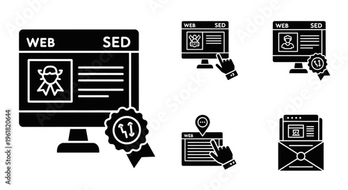 A collection of web certification icons on computer screens and documents.