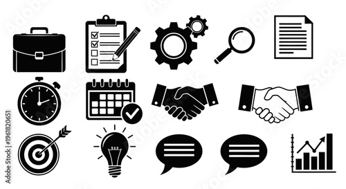 Business icons depict various office tools and symbols for communication and partnership