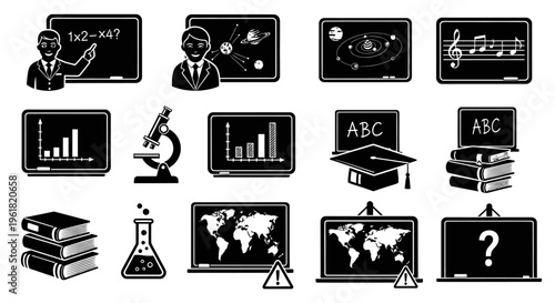 Education icons including people teaching, learning, and various school objects on screens and desks.