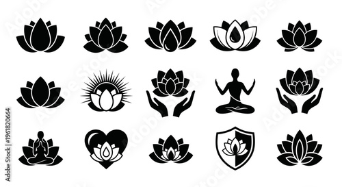Black lotus flower icons set with a meditating person and various symbols