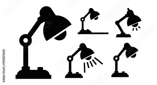 A collection of six desk lamps in different positions on a table