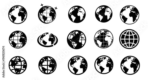 Black and white illustration of various globe icons on a white background