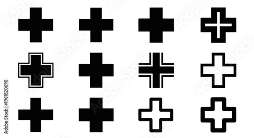 A collection of various plus sign symbols displayed in black and white.