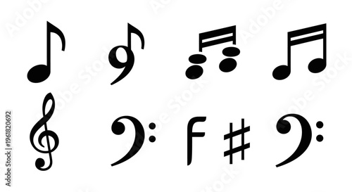 Black musical notes and symbols on a white background