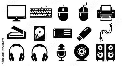 An illustration shows various computer and audio equipment icons on a white background.