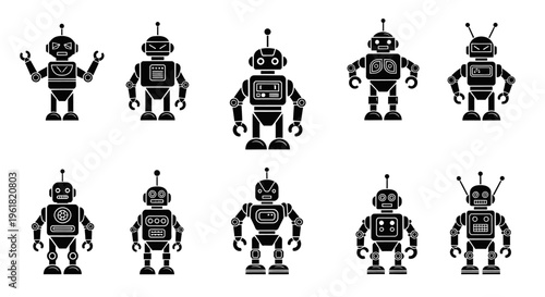 Robots are standing in two rows making different gestures on a plain background