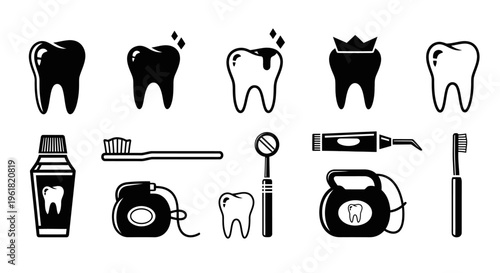 Dental care illustration set with various tooth and tool icons on white