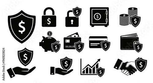 Financial icons depict various money security and protection symbols.