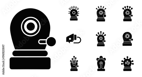 A collection of surveillance camera icons with various designs and features on a white background.