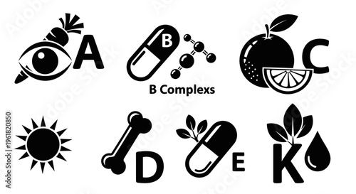 Vitamins and minerals icons including eye, bone, and leafy symbols are shown.