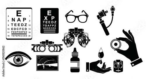An eye exam illustration features various objects including an eye chart, glasses, and optometry tools on a table indoors.