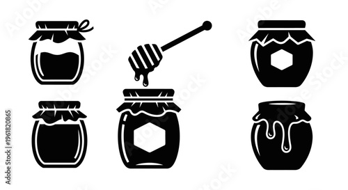 Honey jars with dipper, showcasing Food, Jars, Honey, Food items, and Containers